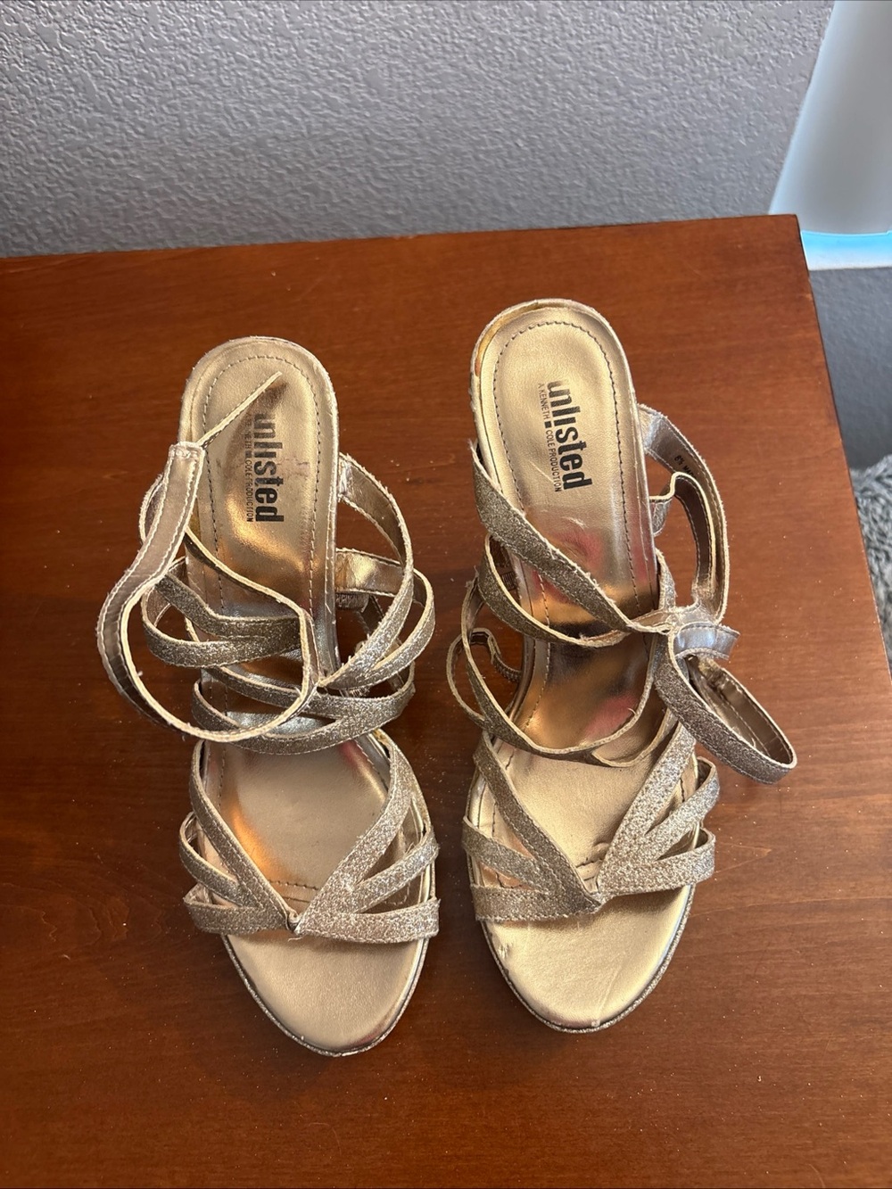Unlisted Gold Glitter Strappy prom formal wedding stiletto Heels